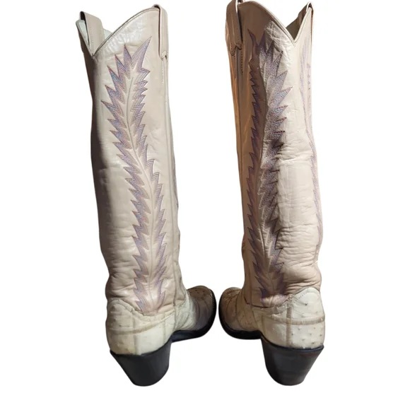 Vintage Larry Mahan Ivory Western Cowboy Boots Ostrich Print Tall USA - Picture 8 of 16